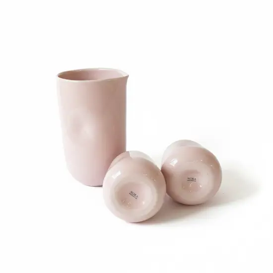 קנקן + 2 כוסות מקרמיקה עבודת יד בצבע ורוד בייבי
