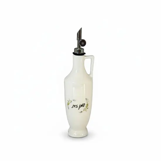 בקבוק קרמיקה  בעבודת יד ונפח של 450 מ"ל , בצבע לבן כיתוב - שמן זית