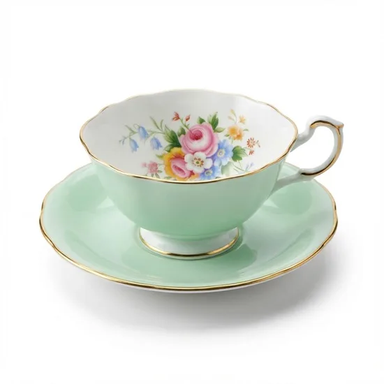 ספל וצלחת בצבע פיסטוק מפורצלן