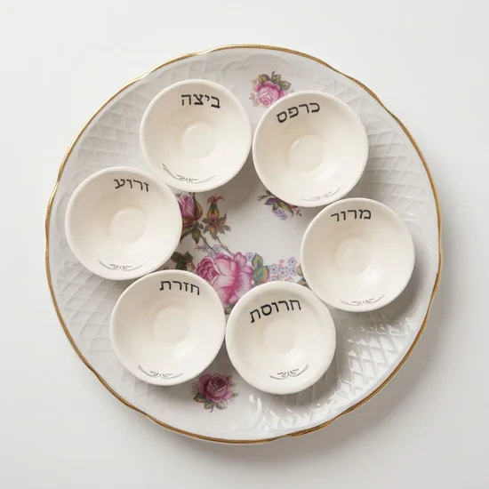 צלחת וינטג וקעריות קרמיקה עבודת יד = צלחת פסח