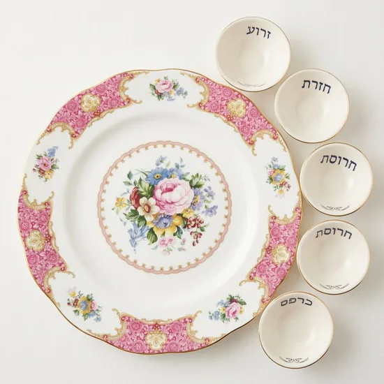 צלחתROYAL ALBERT וקעריות קרמיקה עבודת יד = צלחת פסח