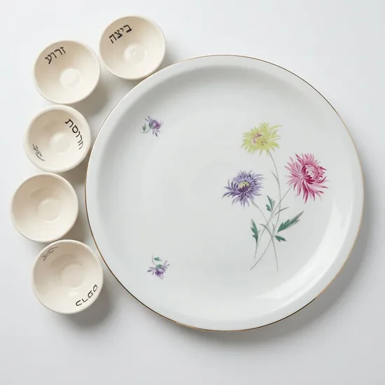 צלחת וינטג וקעריות קרמיקה עבודת יד = צלחת פסח