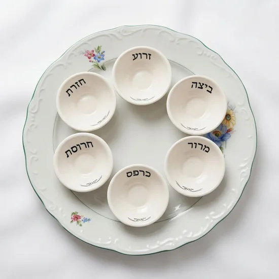 צלחת וינטג וקעריות קרמיקה עבודת יד = צלחת פסח