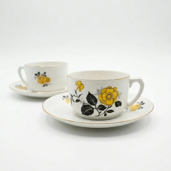 ספל וצלחת מפורצלן חלק מסרוויס שושנה צהובה