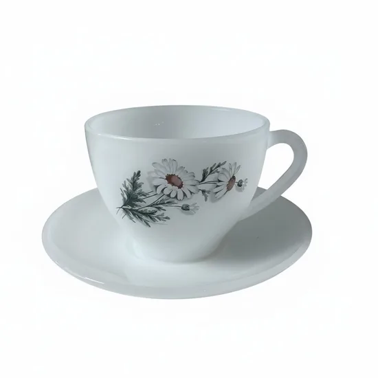 ספל וצלחת ציור פרח המרגנית , מזכוכית "ארקופל "