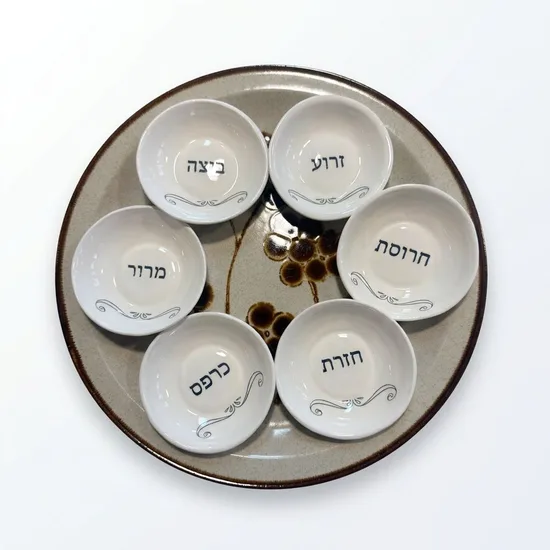 צלחת חרס וינטג וקעריות קרמיקה עבודת יד = צלחת פסח