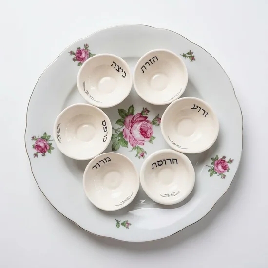 צלחת וינטג וקעריות קרמיקה עבודת יד = צלחת פסח