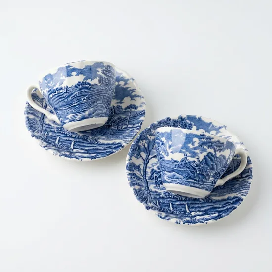 ספל וצלחת מחרס אנגלי חלק מסרוויס כרכרה וסוסים