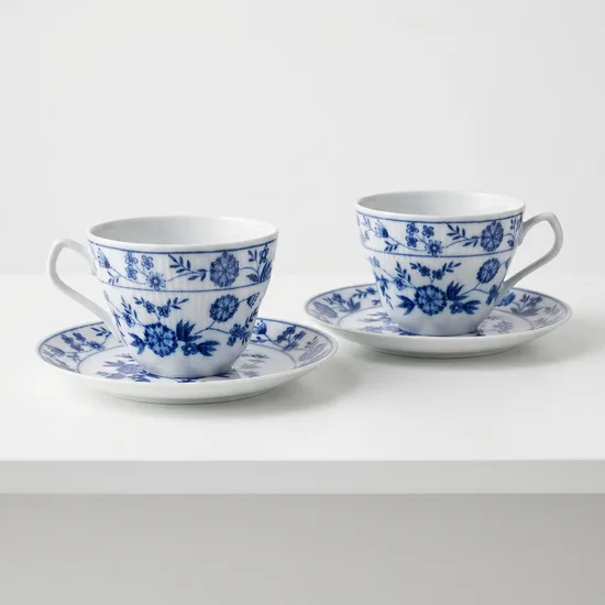 ספל וצלחת מפורצלן חלק מסרוויס פרחים כחולים